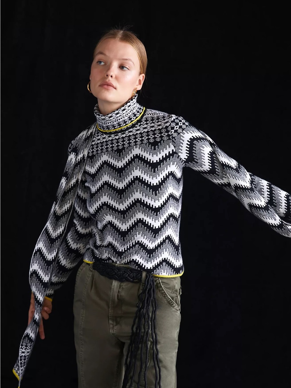 Anthropologie Maeve | Black & White Chevron Turtleneck Sweater with Yellow Trim